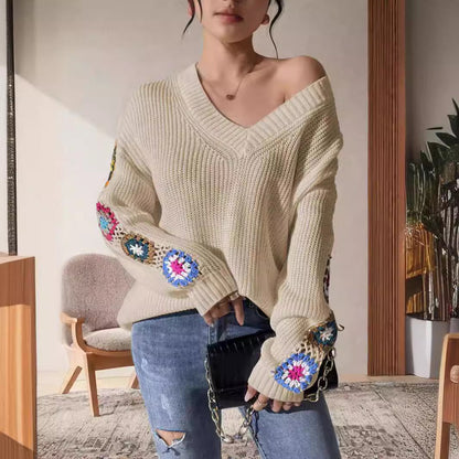 Damen Strickpullover mit Häkelmotiven und einzigartigem Schnitt - Eveloria