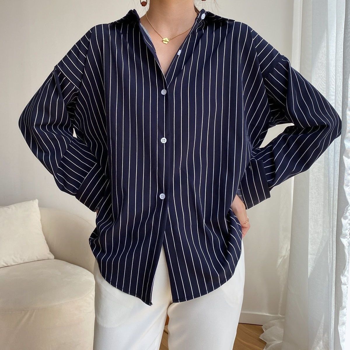 Damen Klassische Hemdbluse Streifenoptik Weiße Bluse - Eveloria
