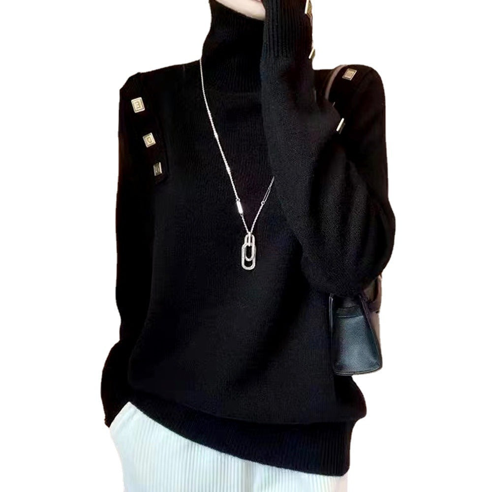 Damen Rollkragenpullover Modisch Dekorative Knöpfe Grau