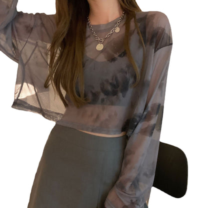 Damen Cropped Sweatshirt Batikdesign Weite Ärmel Rundhals