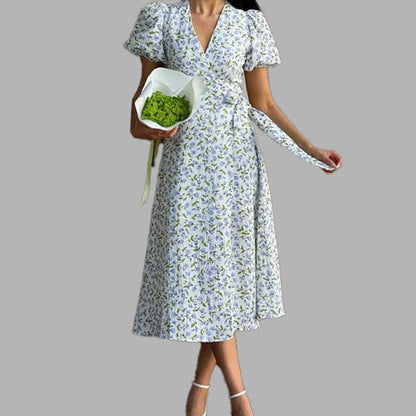 Damen Wickelkleid Voluminöse Puffärmel Floralmuster