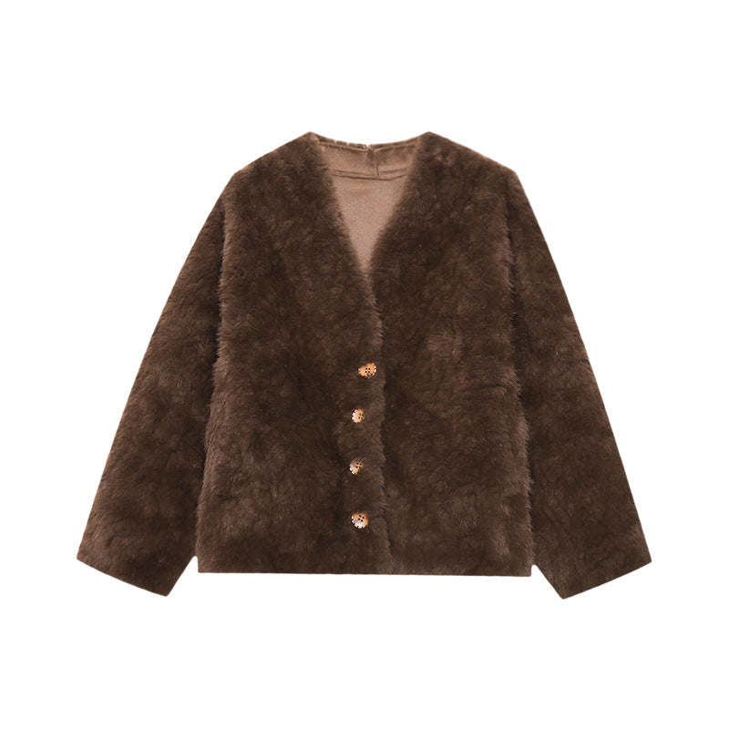 Damen Fleecejacke Knöpfe Gemütlich Beige Eveloria