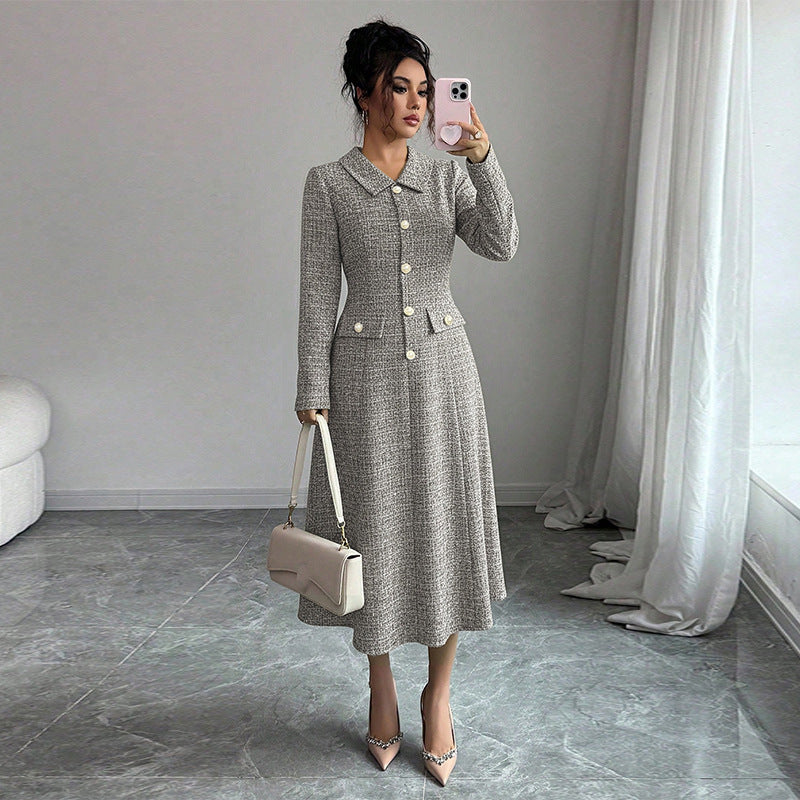 Damen Tweed-Kleid Elegantes Design Mit Taschen