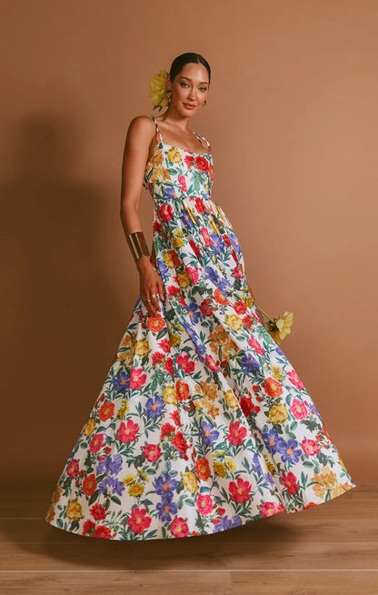 Damen Maxi-Kleid Langarm Floralmuster Rüschendetails