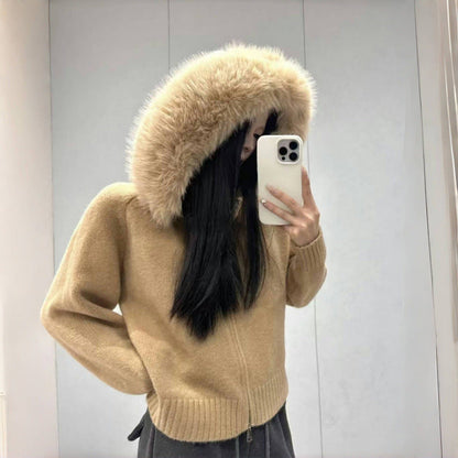 Damen Kapuzenpullover Pelzkragen Taschen Eveloria