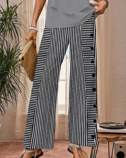 Damen Palazzo-Hose Streifen Weite Knopfdetails