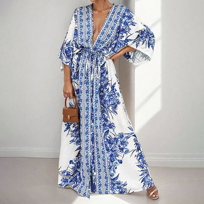 Damen Maxikleid Florales Design Weite Ärmel Eveloria