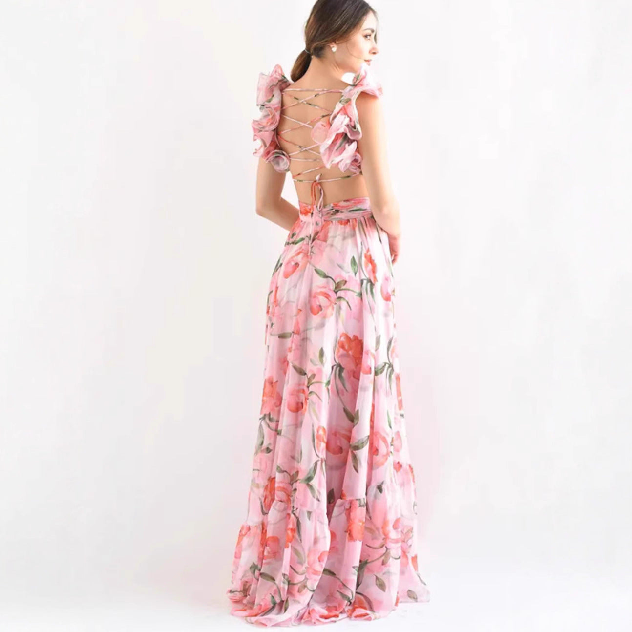 Damen Maxikleid Blumenmuster RüschenDetails Eveloria