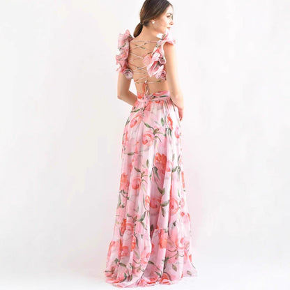 Damen Maxikleid Blumenmuster RüschenDetails Eveloria