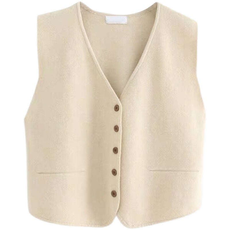 Damen Strickweste Feinripp aus Merino-Wolle mit Knöpfen Beige