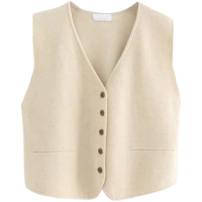 Damen Strickweste Feinripp aus Merino-Wolle mit Knöpfen Beige