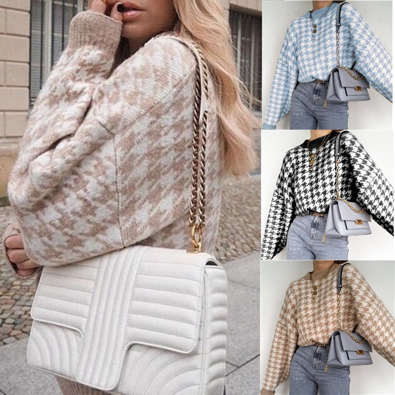 Damen Strickpullover Hahnentrittmuster Lässig Grün Eveloria - Eveloria