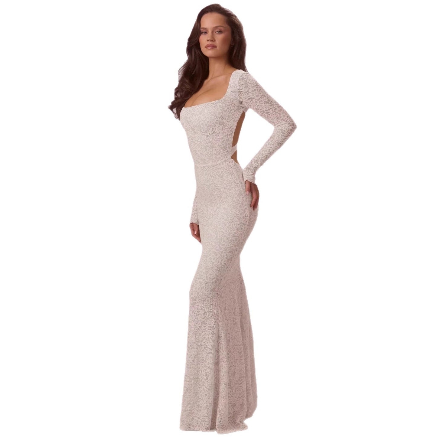 Damen Maxikleid Spitze Tailliert Langarm Eveloria