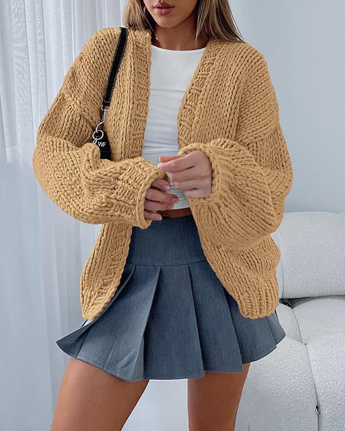 Damen Cardigan Weich Strick Voluminöse Ärmel Offene Front Beige