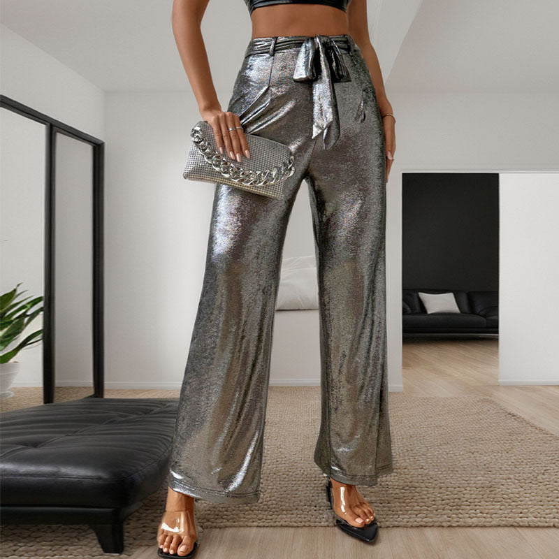 Damen Palazzo-Hose Glänzend Hochtaillierter Bund Dekorativer Gürtel