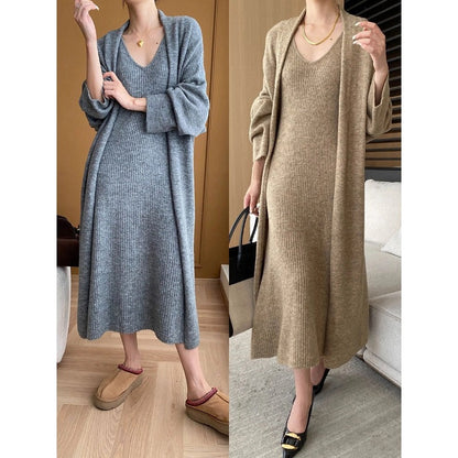 Damen Maxikleid Gestrickt V-Ausschnitt Lässig