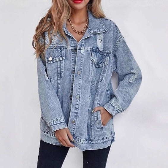 Damen Oversized Denimjacke Ripped Details Blau Eveloria