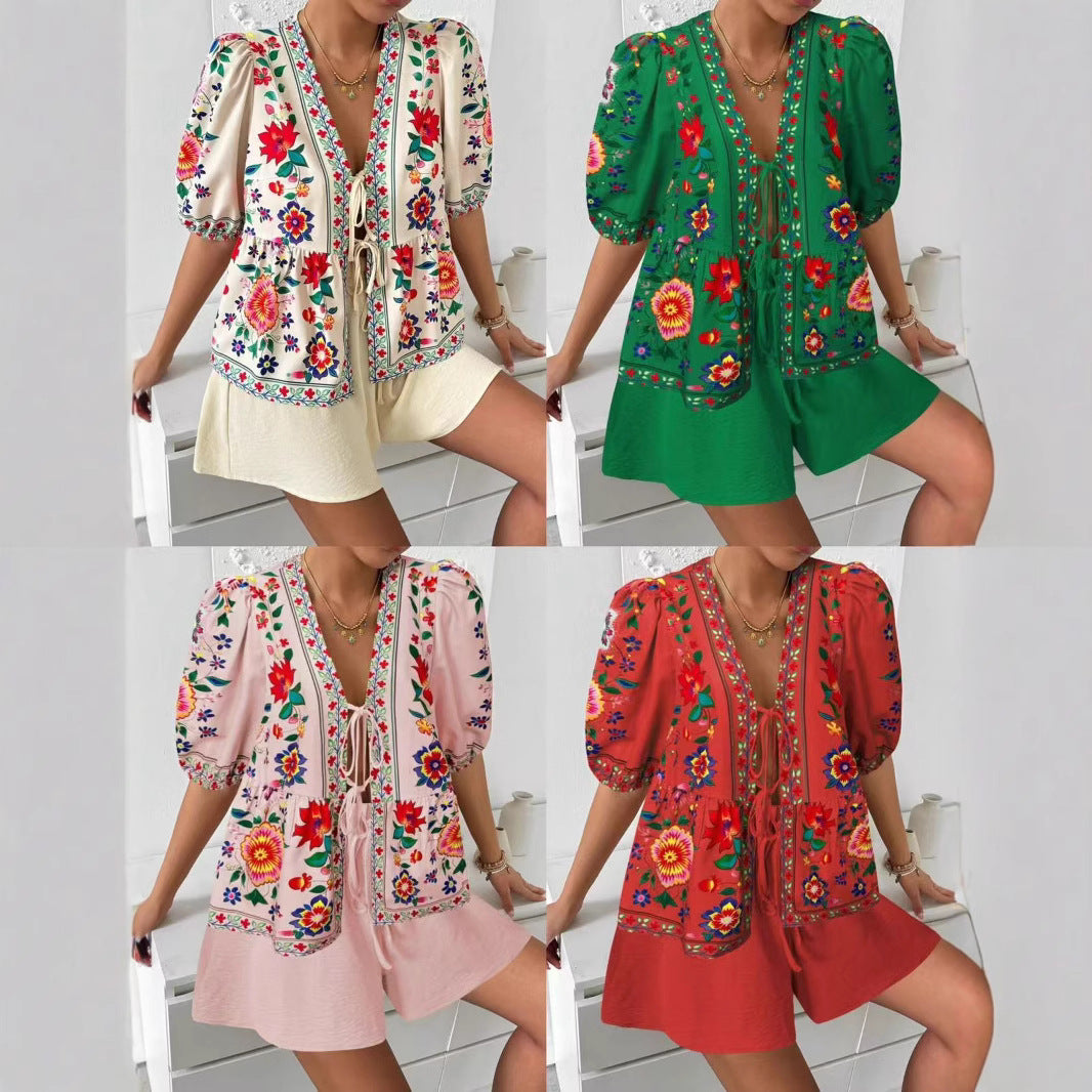 Damen Blusenshirt Bunt Blumenmuster Locker Eveloria - Eveloria