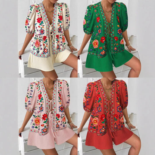Damen Blusenshirt Bunt Blumenmuster Locker Eveloria - Eveloria