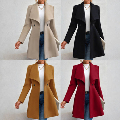 Damen Wollmantel Eleganter Revers Doppelter Knopf Schwarz Eveloria - Eveloria