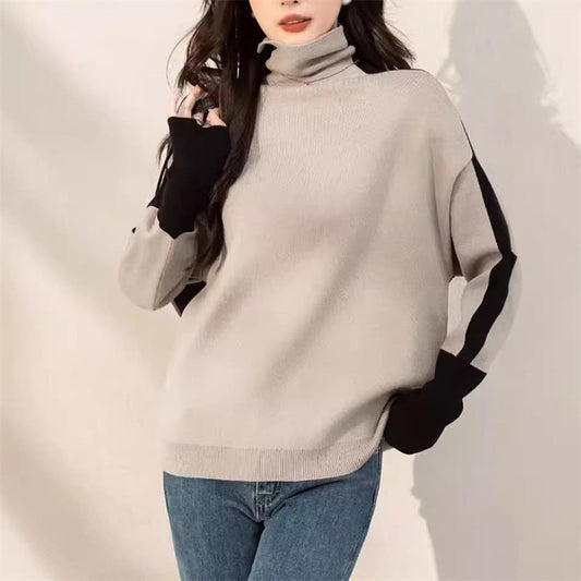 Damen Rollkragenpullover Lässig Kontrastärmel Eveloria - Eveloria