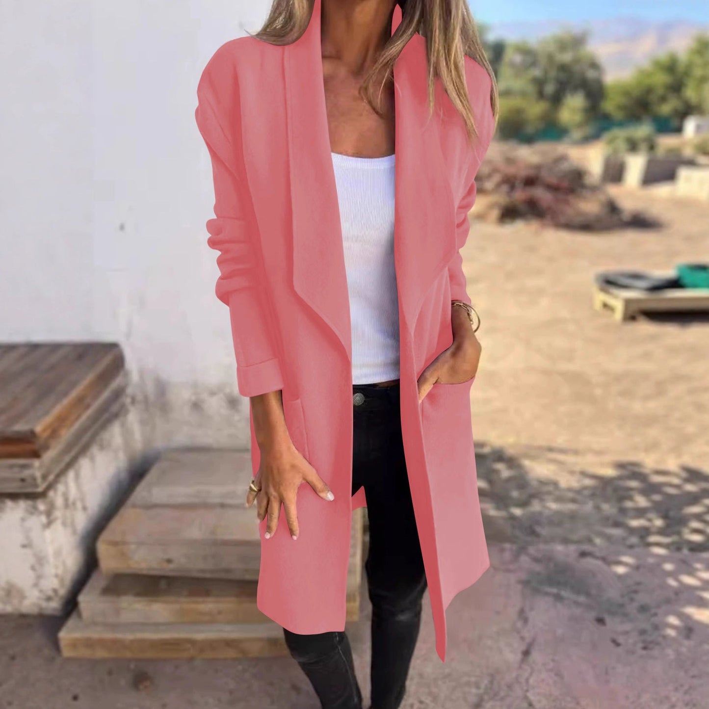 Damen Oversized-Mantel Lässig Eingrifftaschen Offener Kragen