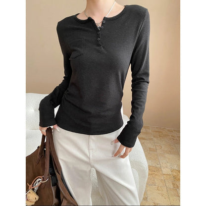 Damen Langarmshirt mit Knöpfen und Brusttasche Eveloria - Eveloria