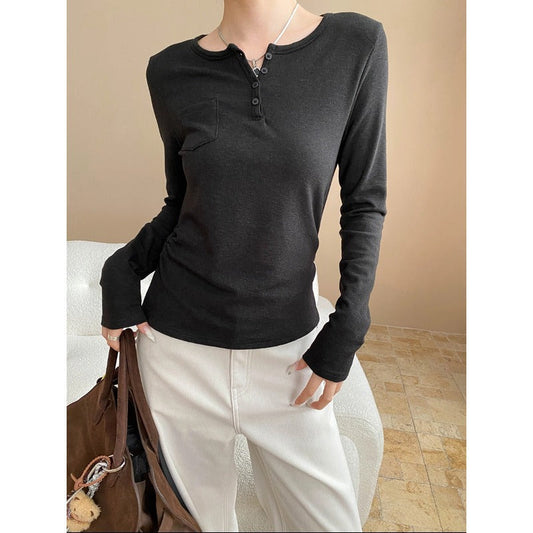 Damen Langarmshirt mit Knöpfen und Brusttasche Eveloria - Eveloria
