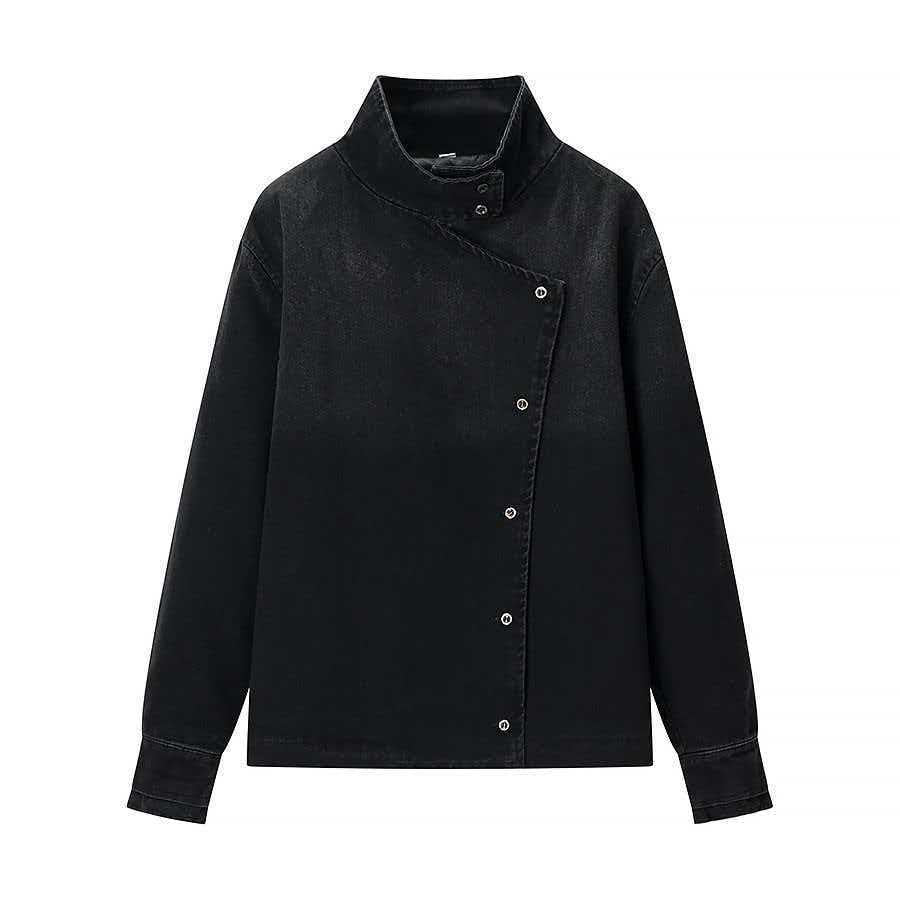 Damen Denimjacke Asymmetrischer Kragen Blau