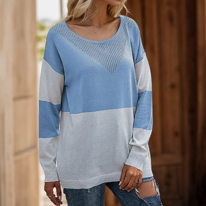 Damen Strickpullover Modernes Blockdesign Rundhals Beige