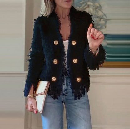 Damen Fransenjacke Goldknöpfe Eveloria