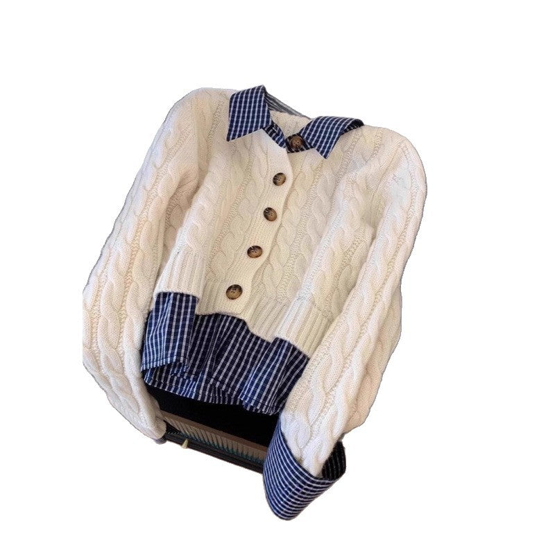 Damen Strickjacke Karostoffkragen Knöpfe Beige