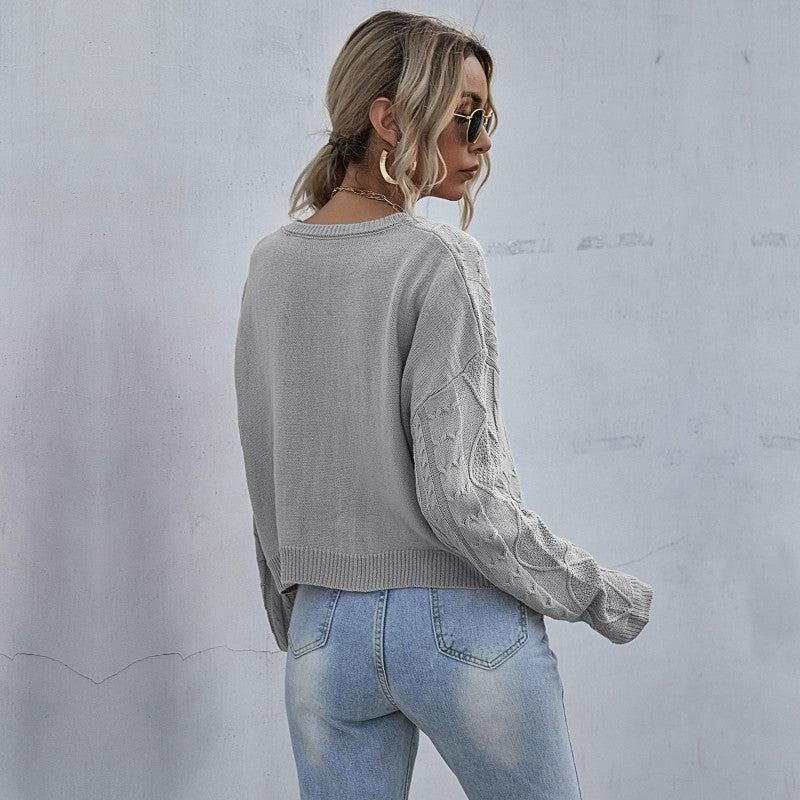 Damen Pullover Strukturiertes Zopfmuster Kuschelig Grau Eveloria