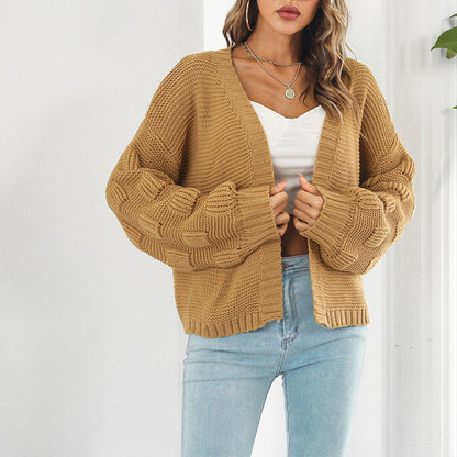 Damen Grobstrick Cardigan Voluminöse Ärmel Offene Front