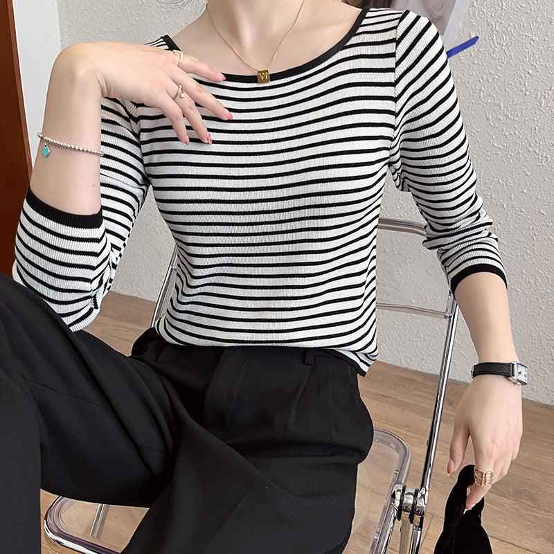 Damen Langarmshirt Maritimes Streifenmuster Weite Rundhalsausschnitt