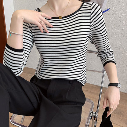 Damen Langarmshirt Maritimes Streifenmuster Weite Rundhalsausschnitt