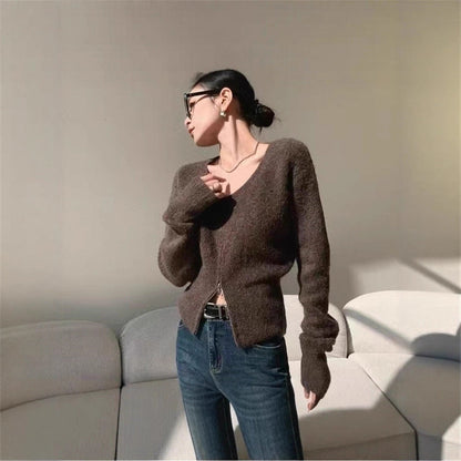 Damen Strickjacke V-Ausschnitt Reißverschluss Eveloria