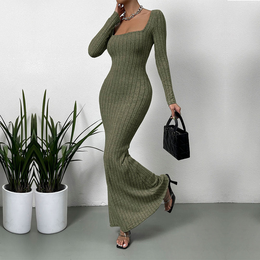 Damen Langarm Maxikleid Rippdesign Elegantes Kleid