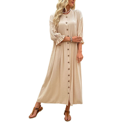 Damen Freizeitkleid Knielang mit Gerafften Ärmeln und Knopfleiste