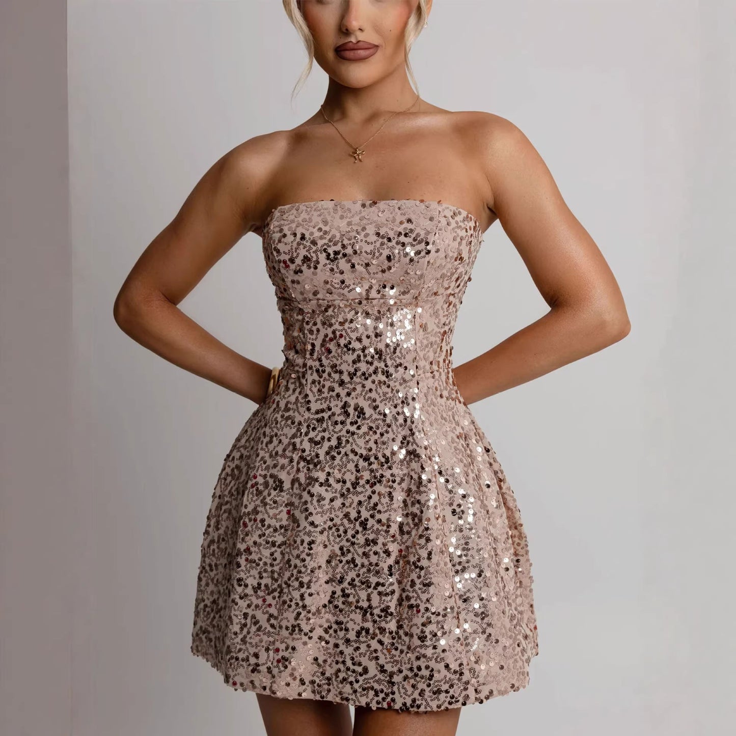 Damen Cocktailkleid Schulterfrei Pailletten Eveloria