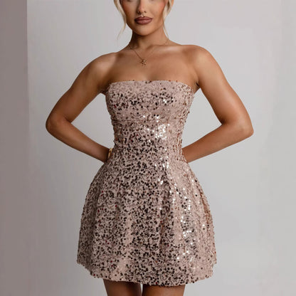 Damen Cocktailkleid Schulterfrei Pailletten Eveloria