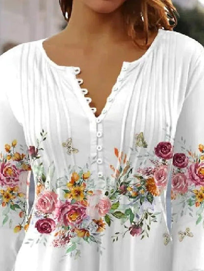 Damen Bluse Floralmuster Knopfdetail