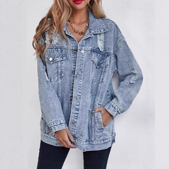 Damen Oversized Denimjacke Ripped Details Blau Eveloria