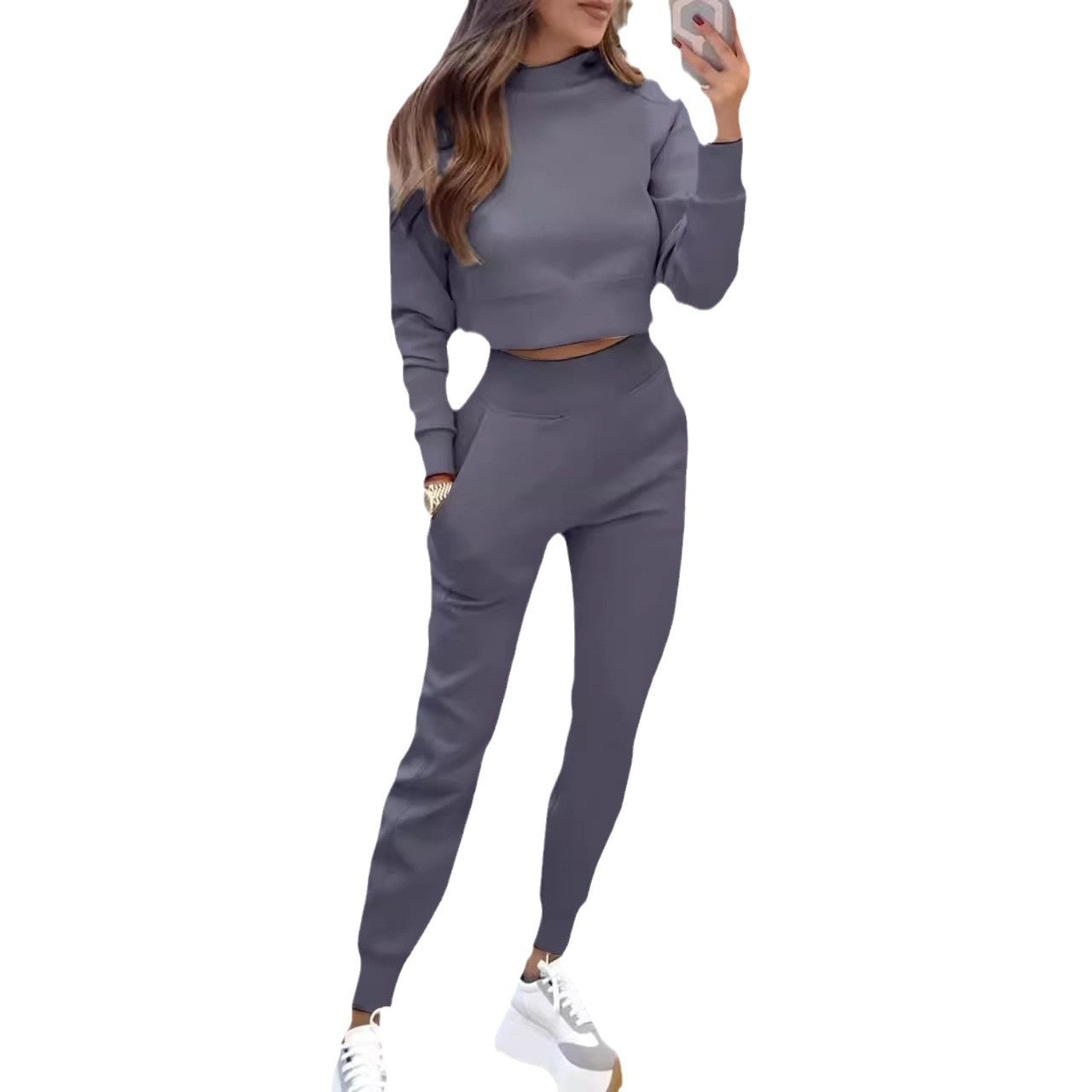 Damen Sweatpants-Set Hochkragen Cropped Oberteil Grau