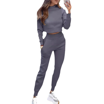 Damen Sweatpants-Set Hochkragen Cropped Oberteil Grau