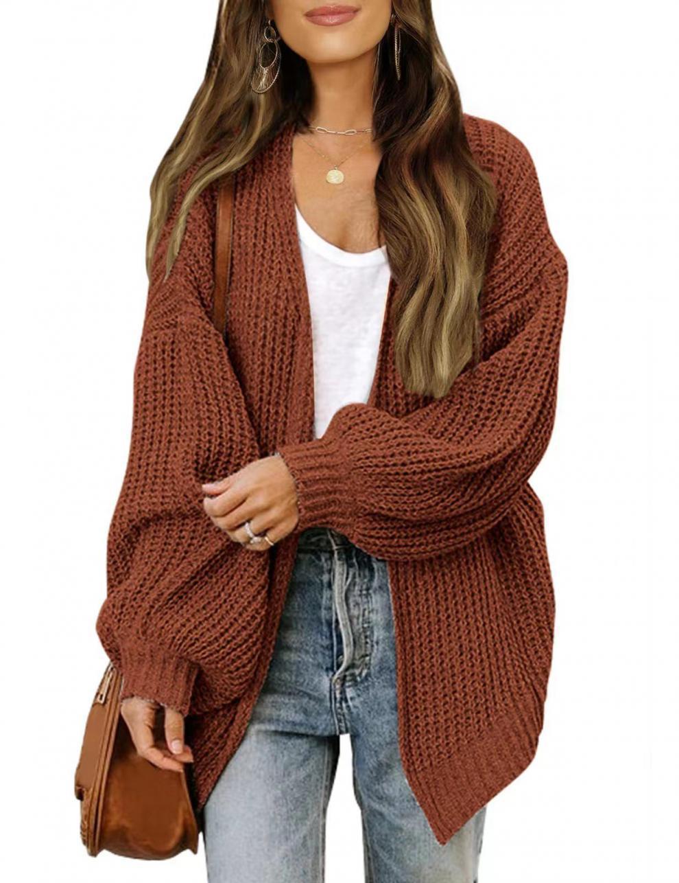 Damen Strickjacke Oversized Luftig V-Ausschnitt Beige