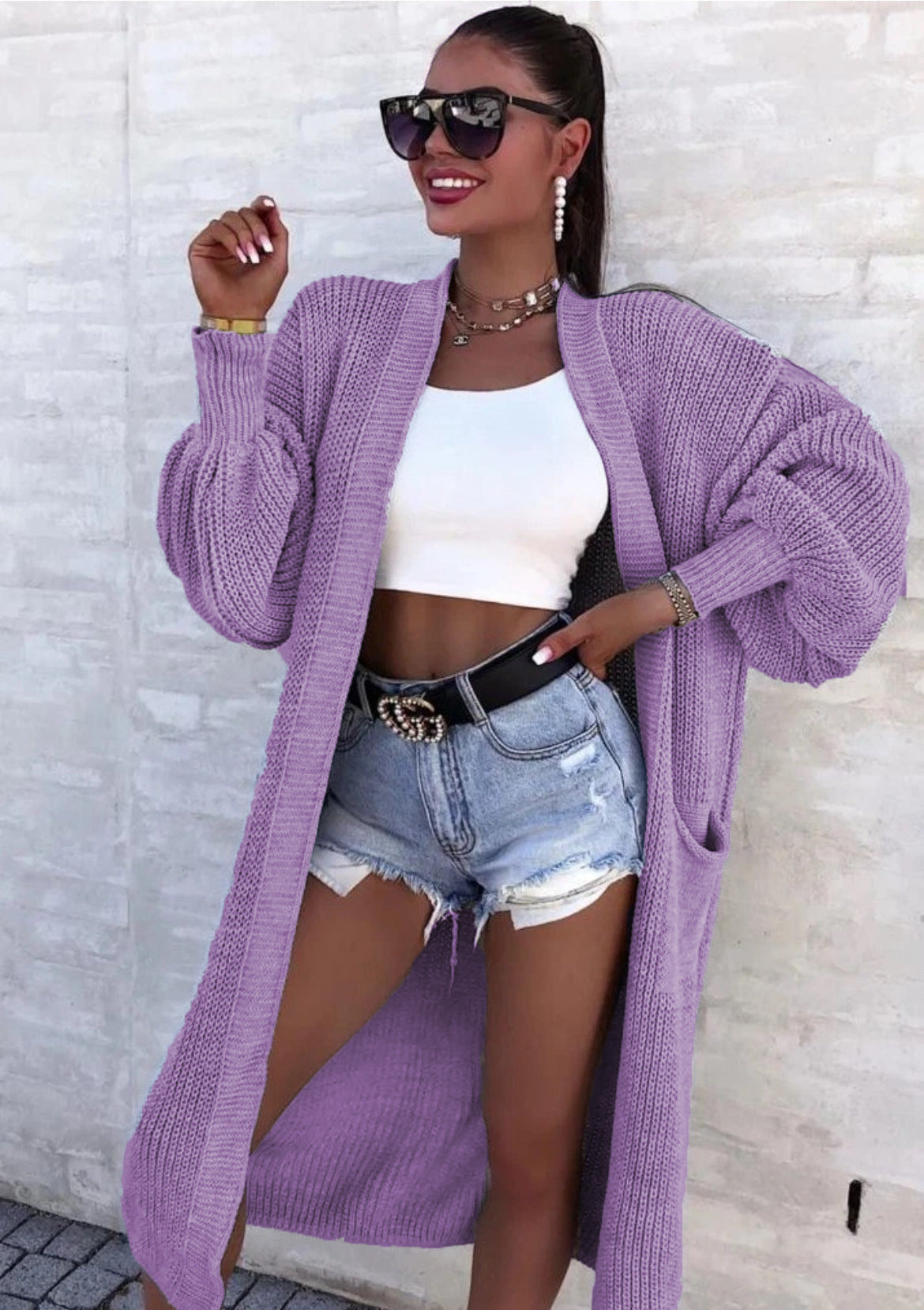 Damen Strickmantel Lang Weite Ärmel Taschen Beige