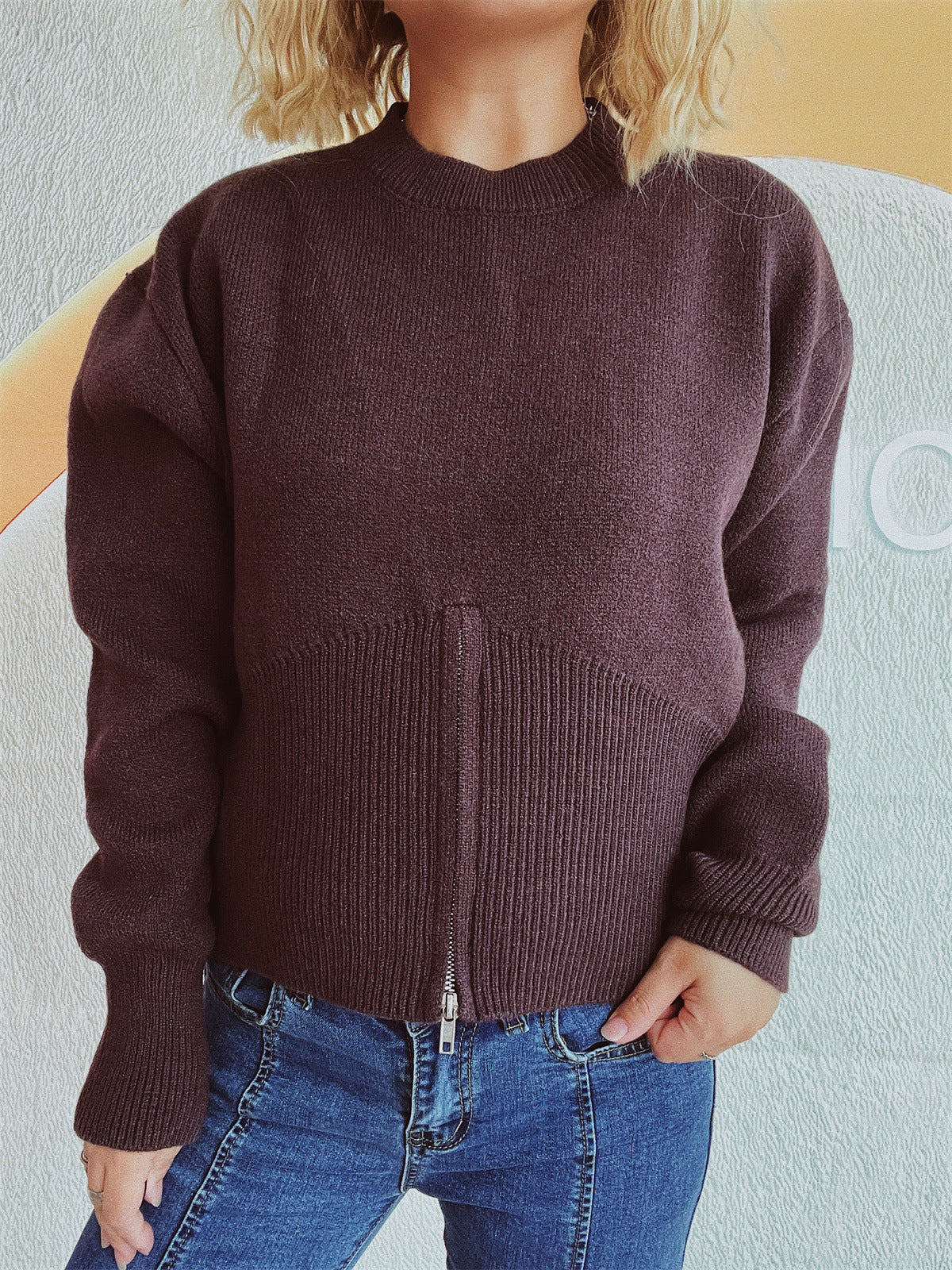 Damen Pullover Strukturiert Reißverschluss Locker Eveloria