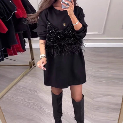 Damen Sweatkleid mit Pailletten und Federn Schwarz - Eveloria