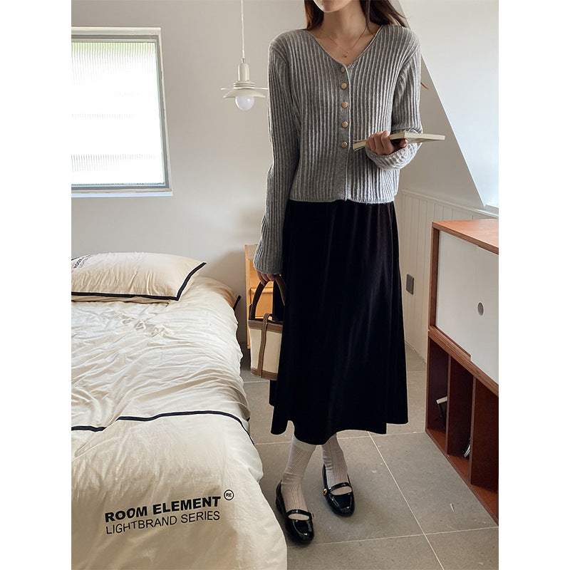 Damen Strickjacke Knopfverschluss Lässig Grau Eveloria